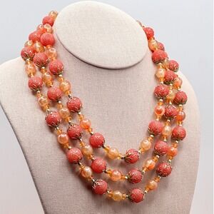 Vintage Mid-Century 3-Strand Coral & Peach Sugar Bead Filigree Necklace 10-12"
